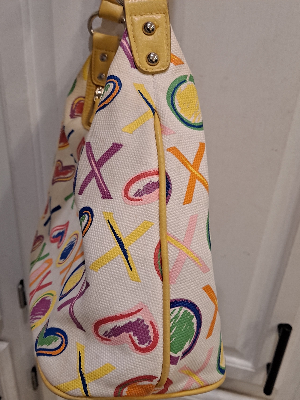 Y2K Vintage XOXO Multicolor Hearts XO Canvas Shoulder Bag Yellow Trim Grafitti - Picture 7 of 13